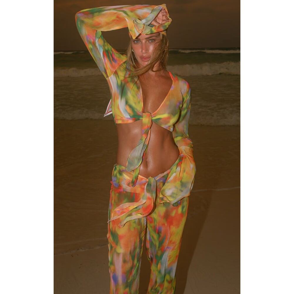 Bananhot Pants XS Lily Sunrise Chiffon Tie Waist Flare Multi Beach Resort Pool - Picture 3 of 14